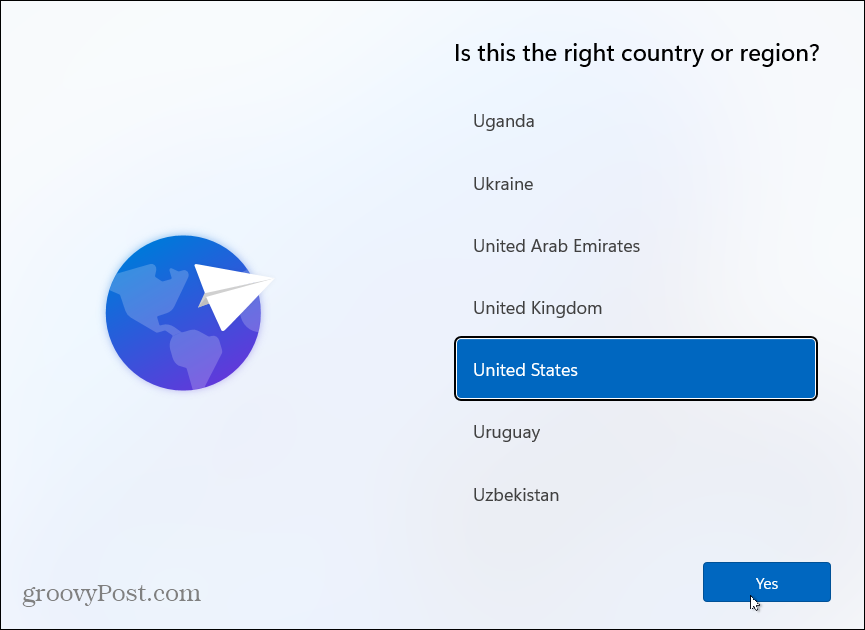 Velg Country Install Windows 11