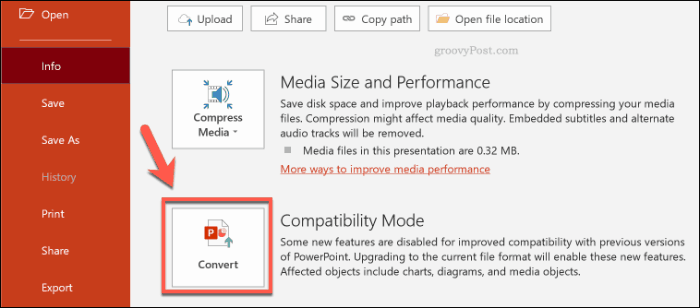 PowerPoint konverter PPT til PPTX-knapp