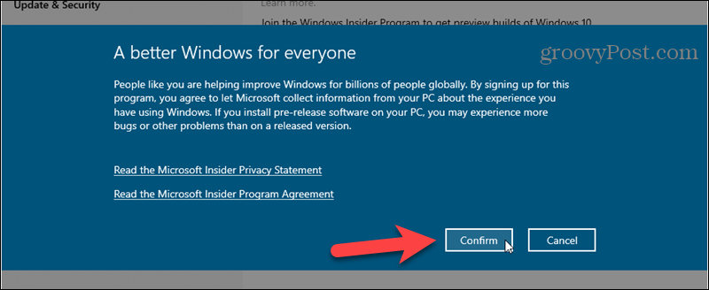 Bekreft registreringen av Windows Insider Program