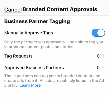 Innstillinger for godkjenning av innhold på Instagram for forretningsprofil