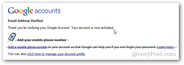 e-postadressen til Google-kontoen bekreftet