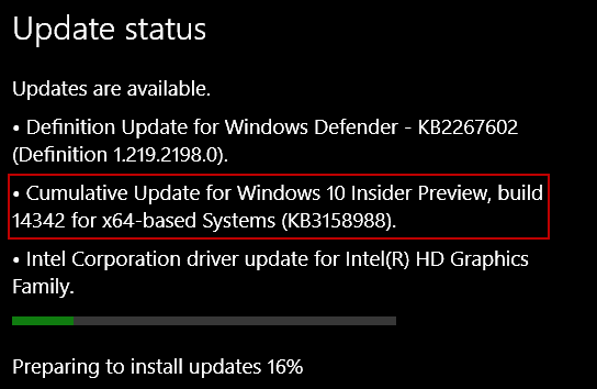 Windows 10 Oppdater KB3158988 for Preview Build 14342 for PCer