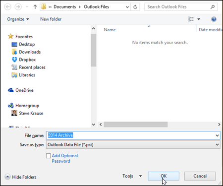 Outlook 2016 - Velg navn og plassering av PST-fil