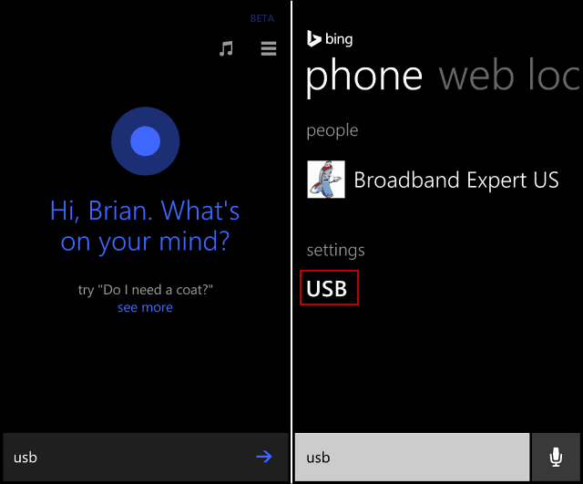 Cortana USB-søk