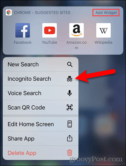 Trykk lenge på Chrome-ikonet og velg Inkognito-søk