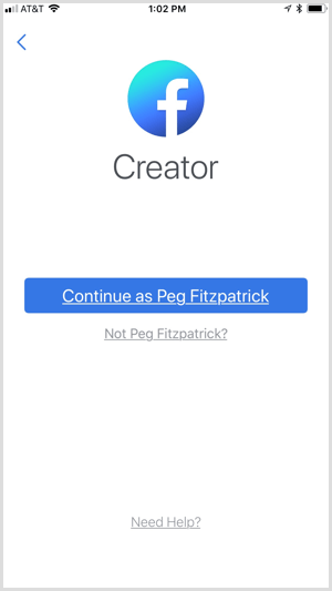 Facebook Creator-app logg på