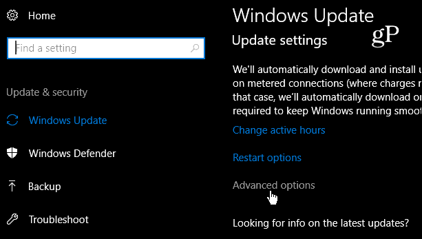 Avanserte innstillinger for oppdatering av Windows 10