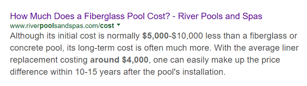 River Pools 'artikkel om kostnadene for et glassfiberbasseng dukker opp først i et søk på det emnet.