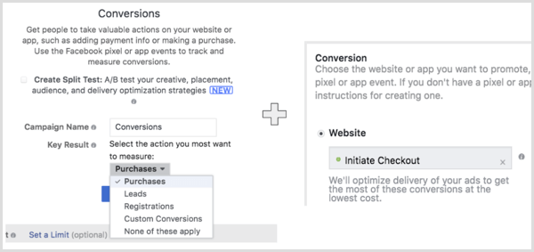 Lag en Facebook-kampanje med målsetningen Web Conversions, og velg handlingen du vil at publikum skal utføre.