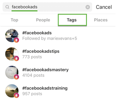 Hvordan du strategisk kan vokse din Instagram-følge, trinn 9, finne relevante hashtags, for eksempel søke etter ‘facebookads’