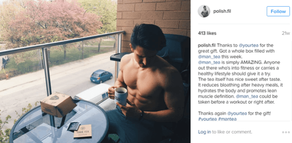 Mikroinfluencer Filip Tomaszewski stiller med Man Tea og deler fordelene med sine Instagram-følgere.