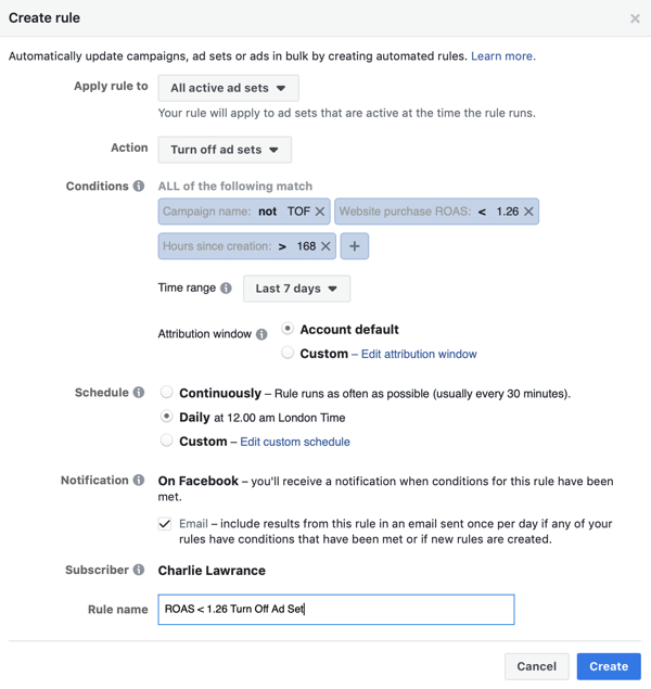 Bruk automatiserte regler fra Facebook, stopp annonsesett når ROAS faller under minimum, trinn 4, regelnavn