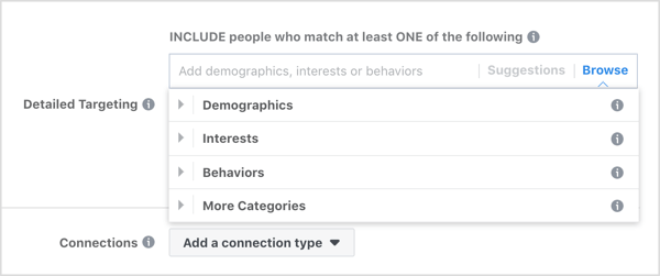 Bla gjennom detaljerte målrettingsalternativer for Facebook-annonser.