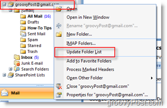 Oppdater iMAP GMAIL-mappelisten i Outlook 2007-navigasjonsverktøylinjen