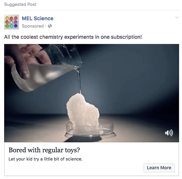 Denne MEL Science Facebook-annonsen bruker klipp fra en YouTube-video.