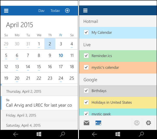 Windows 10 for telefonkalender