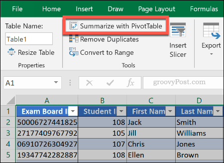 Opprette en pivottabell fra en eksisterende tabell i Excel