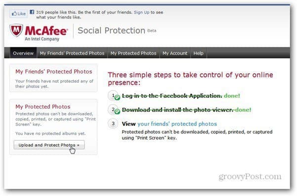 mcaffee sosial beskyttelse app side