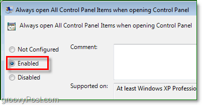 aktiveringsalternativ for alltid å åpne alle kontrollpanelelementene i Windows 7