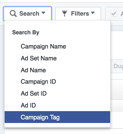 Søk etter Facebook-annonsekampanjer etter tag.