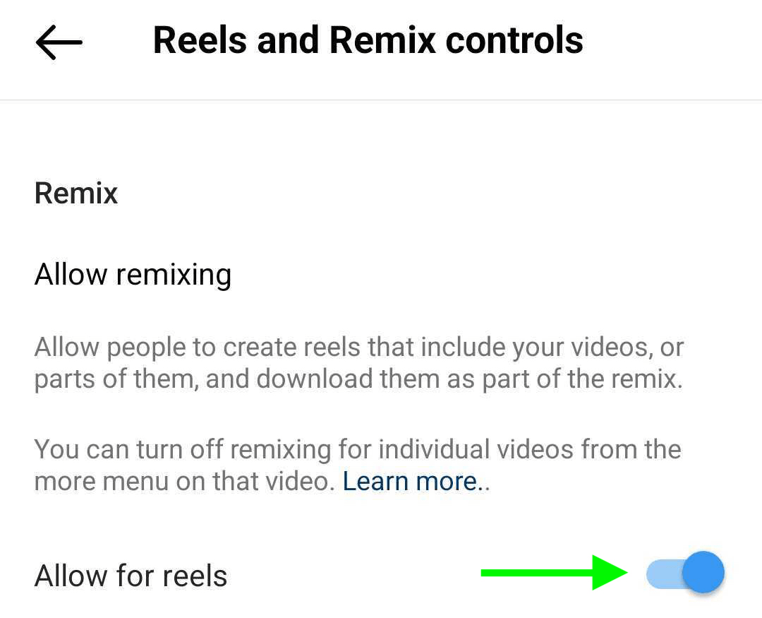 bilde av Reels and Remix Controls i Instagram-bedriftsprofilinnstillingene