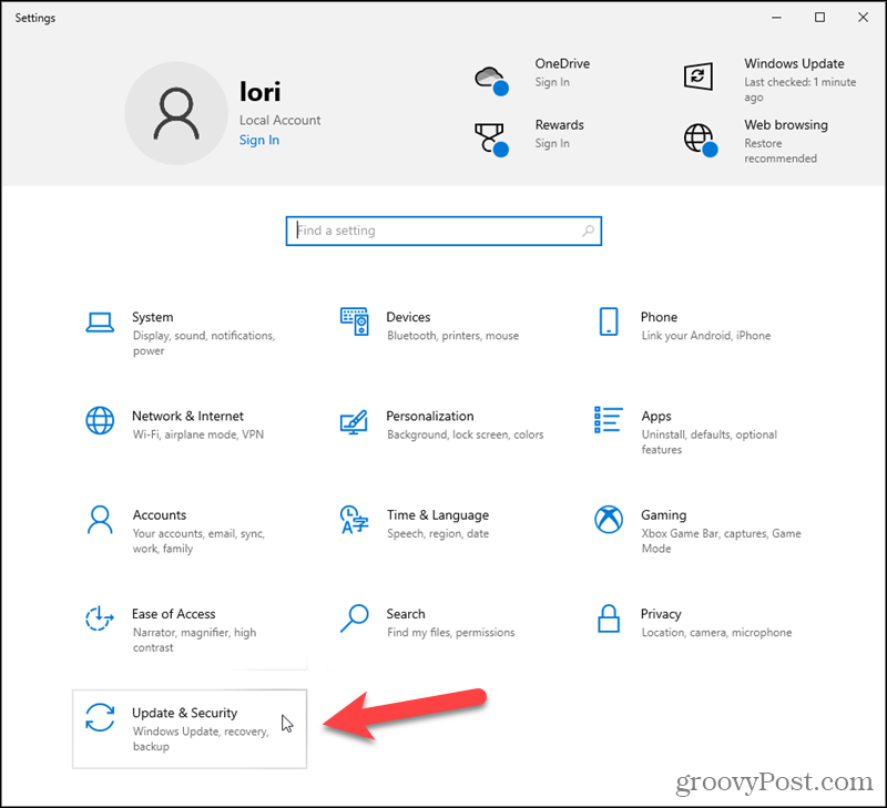 Klikk på Oppdater og sikkerhet i Windows 10-innstillinger