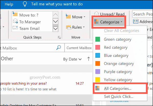 Kategoriser-menyen for fargekategorier i Outlook