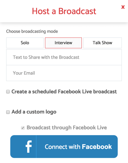Når du setter opp BeLive for et live intervjuprogram, velger du kringkastingsmodus for intervju.