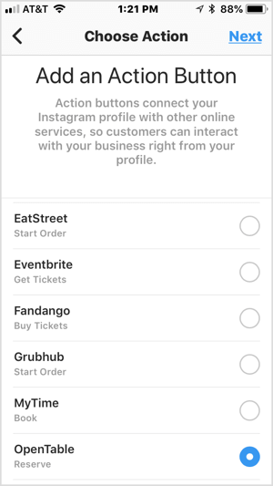 Velg en handlingsknapp for å legge den til i Instagram-forretningsprofilen din.