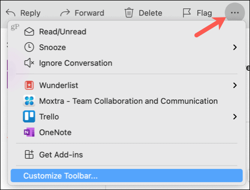 Se Flere elementer, Tilpass verktøylinjen i Outlook på Mac