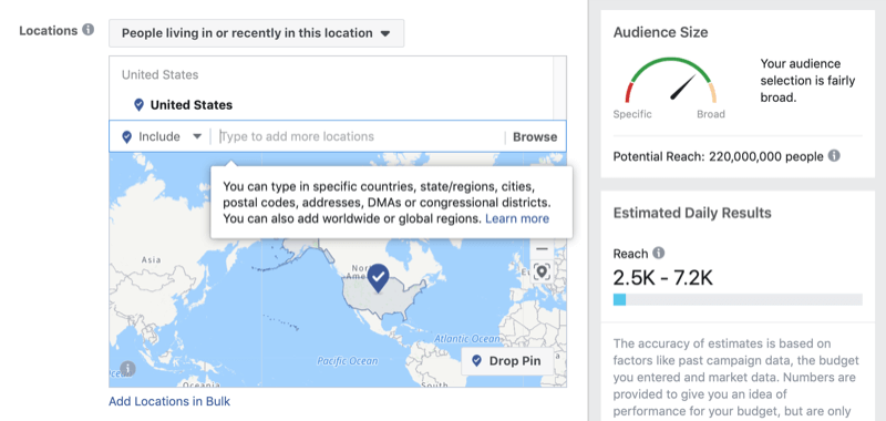 Steder som målrettes i Facebook Ads Manager