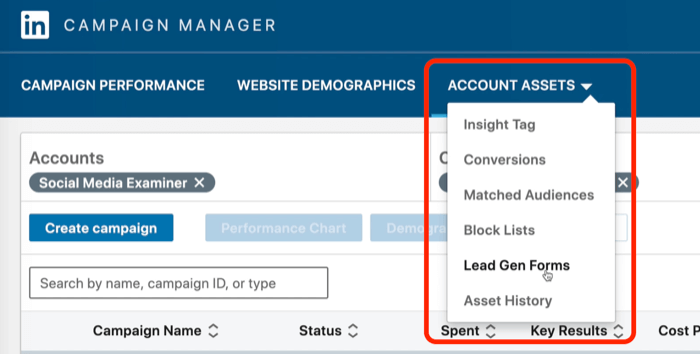 skjermbilde av Lead Gen Forms valgt i LinkedIn Campaign Manager