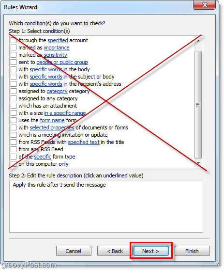 ikke velg noen betingelser for utsendte e-postmeldinger fra Outlook 2010