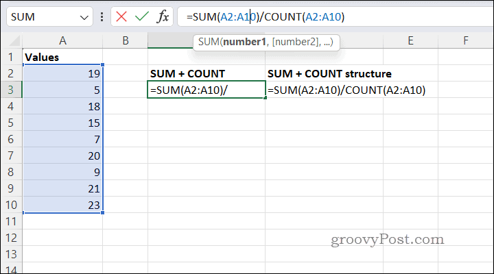 Beregning av gjennomsnitt ved hjelp av SUMCOUNT i Excel