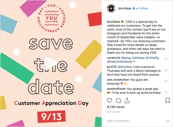 Birchboxs Instagram-konto behandlet følgere til avtaler, gaver og overraskelser for å markere kundens verdsettelsesdag.