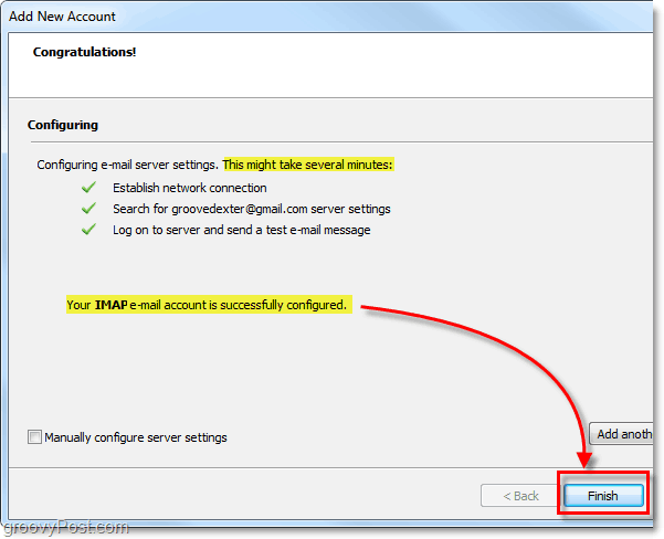 klikk fullfør når IMAP-e-postkontoen er konfigurert