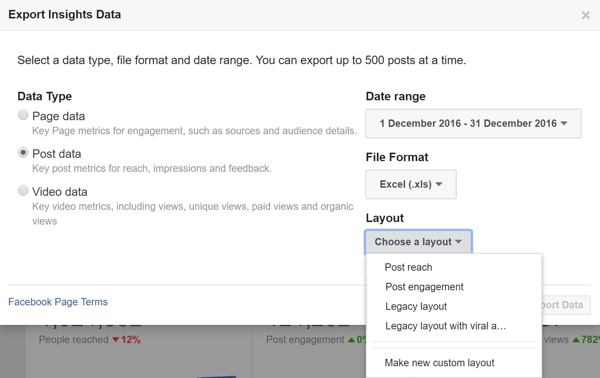 Velg et oppsett når du eksporterer din Facebook Post Data Insights.