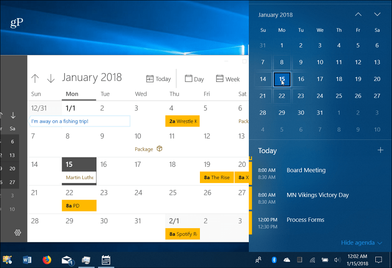 Kalenderhendelser Windows 10 oppgavelinje