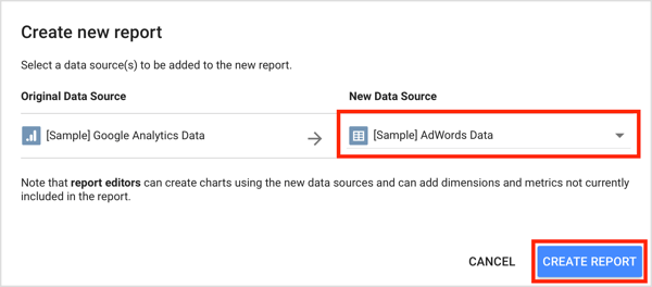 Velg datakilden din fra rullegardinmenyen og klikk på Opprett rapport.