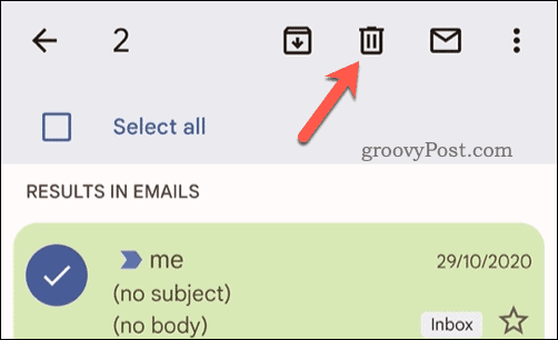 Sletting av valgte e-poster i Gmail på mobil