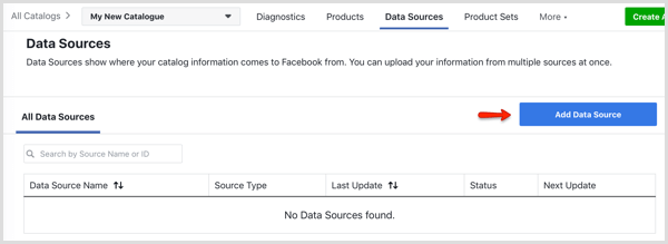 Legg til datakilde-knapp i kategorien Datakilder i Facebook Catalog Manager