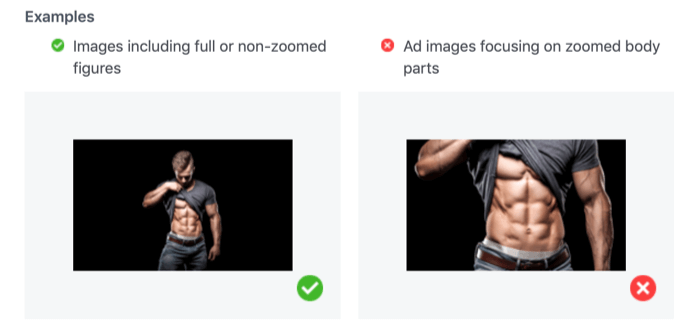akseptable og uakseptable bilder som viser zoomet inn kroppsdeler for Facebook-annonser