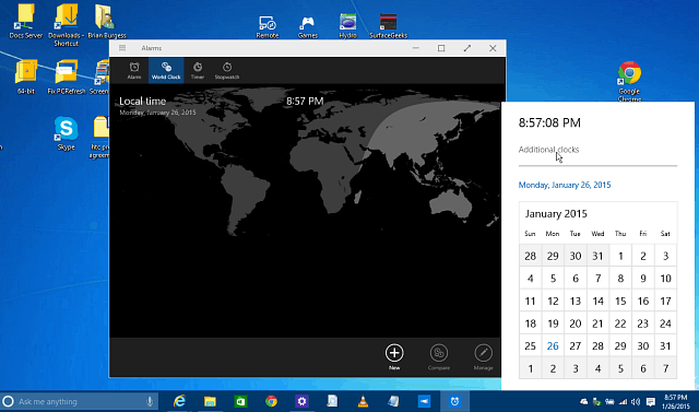 Aktiver skjult kalender, klokke og spartansk i Windows 10