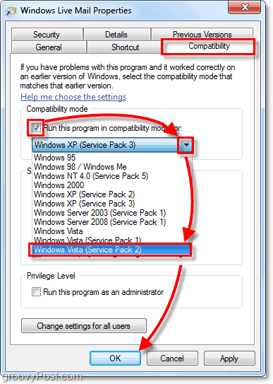 Windows Live Mail Vista-kompatibilitetsmodus