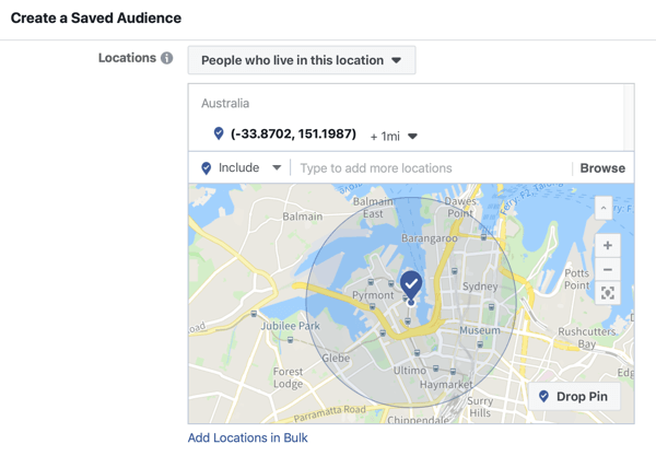 Hvordan markedsføre live-arrangementet ditt på Facebook, trinn 5, alternativ for å opprette et lagret publikum basert på sted for arrangementet