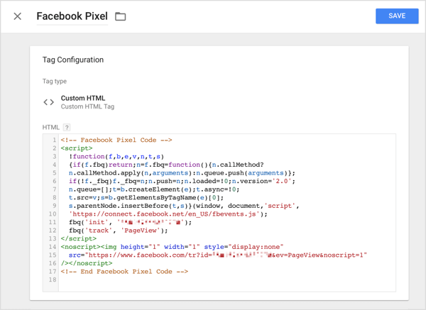 I Google Tag Manager klikker du på Custom HTML-alternativet og limer sporingskoden du kopierte fra Facebook i HTML-boksen.