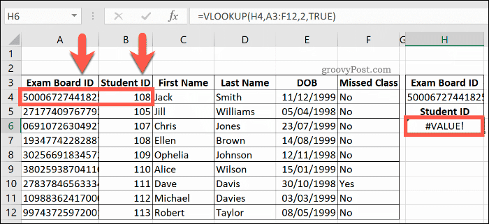 En VLOOKUP-formel som returnerer en VALUE-feil i Excel