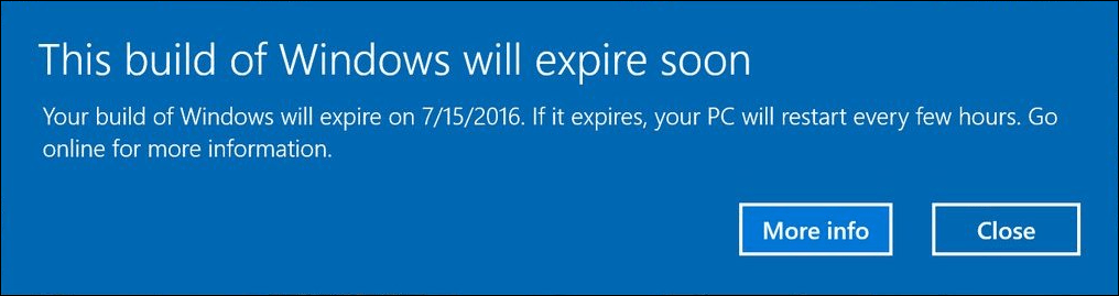 Windows 10 Insider Preview Bygger advarsel brukere med utløpsvarsler
