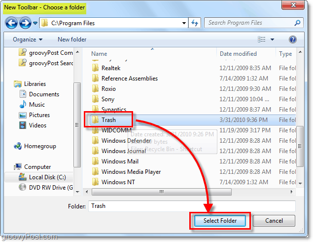 Hvordan knytte en fullstendig funksjonell papirkurv til oppgavelinjen i Windows 7