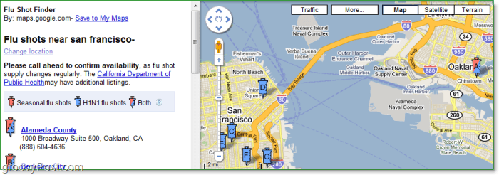 en forhåndsvisning av Google Flueshot-søkeren som leter etter klinikker i San Francisco